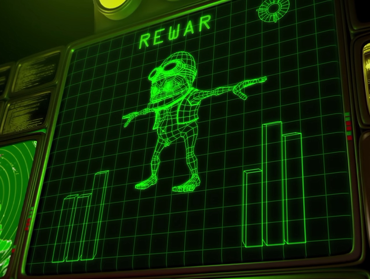 Crazy Toad on a green wireframe radar screen